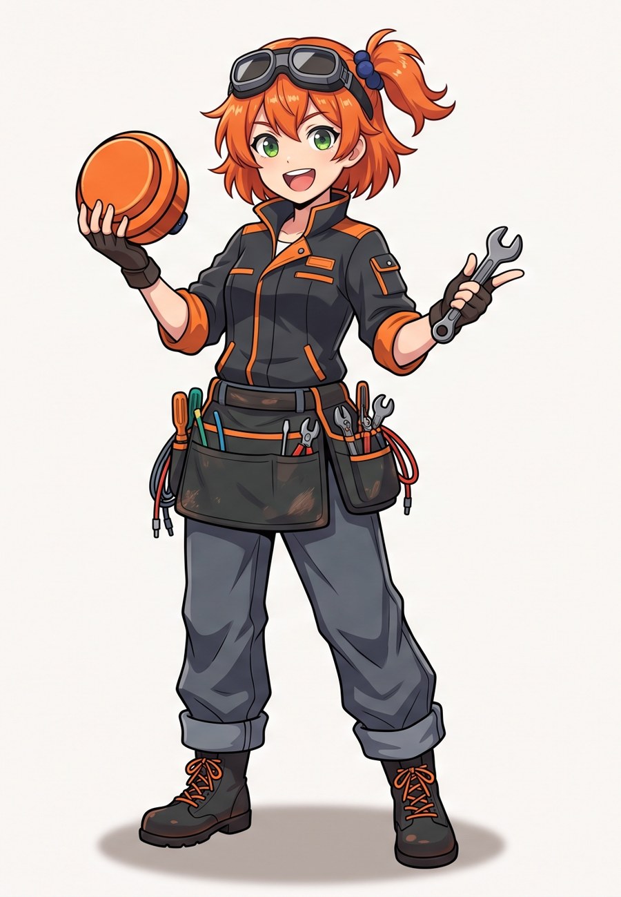 OtogeGarage workshop mascot - an original anime-style mechanic character with orange hair, holding an arcade button and a wrench